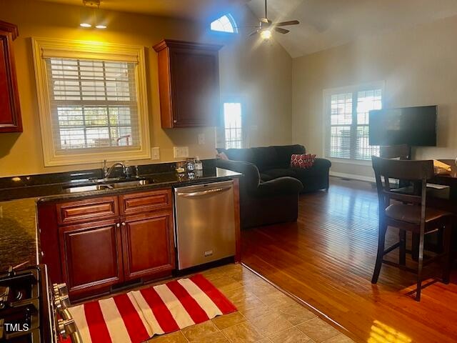 kitchen featuring ceiling fan, light hardwood / wood-style flooring, stainless steel dishwasher, and sink