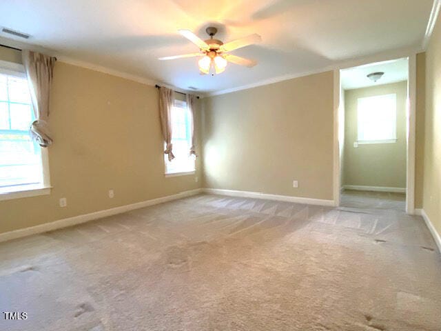 spare room with light carpet and ornamental molding