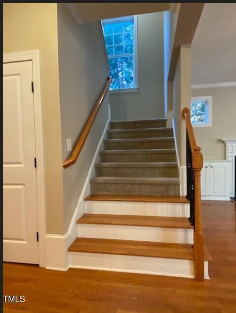 staircase featuring ornamental molding and hardwood / wood-style flooring