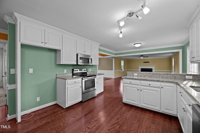 kitchen with white cabinetry, appliances with stainless steel finishes, and dark hardwood / wood-style flooring