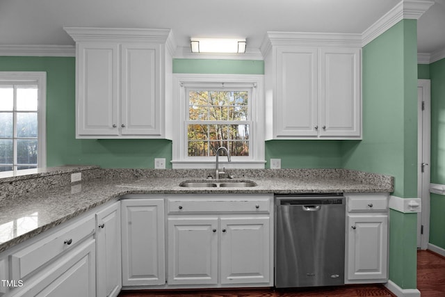 kitchen with white cabinetry, sink, light stone counters, ornamental molding, and dishwasher