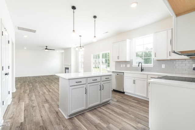 kitchen featuring white cabinetry, pendant lighting, stainless steel dishwasher, and a center island