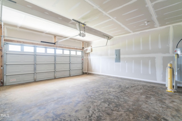 garage with electric panel and a garage door opener