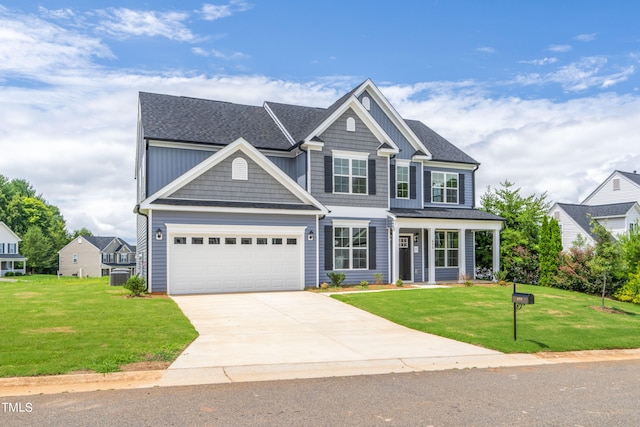 view of front of home with a front yard and a garage