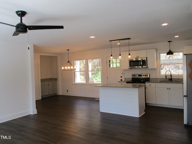 kitchen with dark hardwood / wood-style floors, white cabinetry, a healthy amount of sunlight, and stainless steel appliances