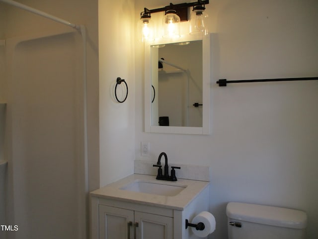 bathroom featuring a shower, vanity, and toilet