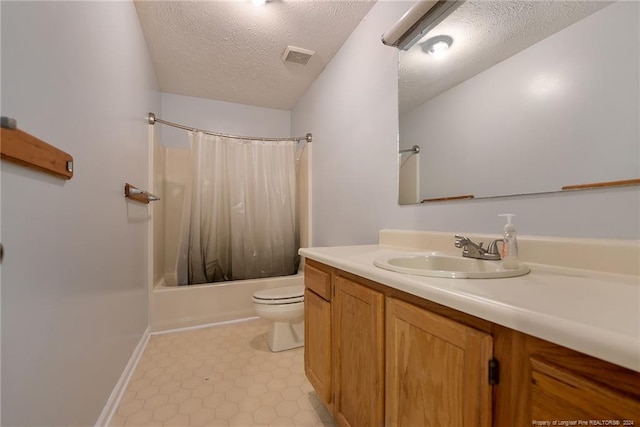 full bathroom with shower / bath combo, vanity, a textured ceiling, and toilet