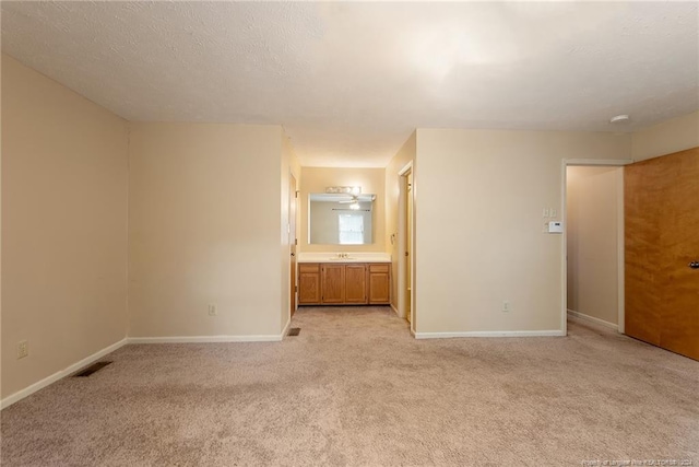 spare room featuring a textured ceiling, light carpet, and sink