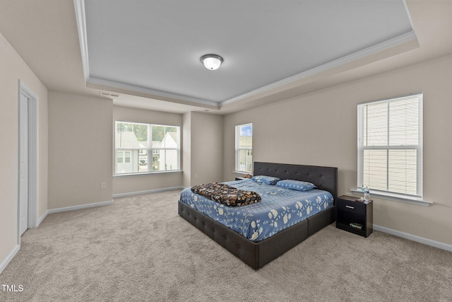 carpeted bedroom with a raised ceiling and ornamental molding