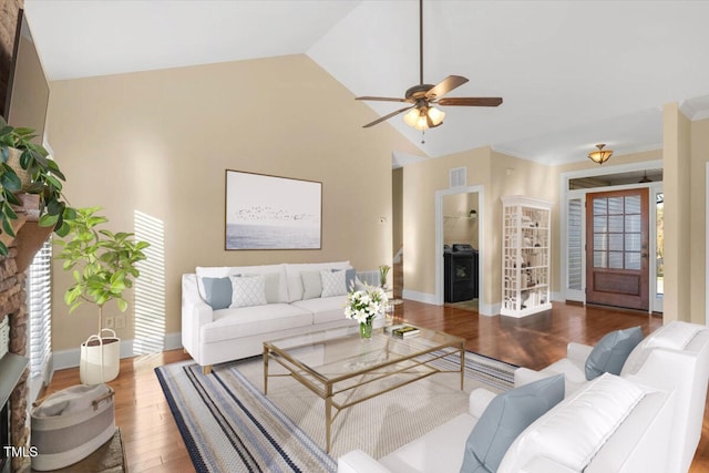 living room featuring ceiling fan, high vaulted ceiling, and wood-type flooring