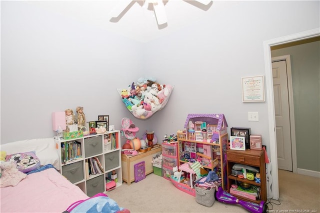 bedroom featuring carpet flooring and ceiling fan