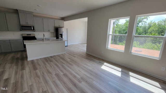 1071 Cherry Stem Rd, Haw River, NC 27258 - kitchen featuring stainless steel appliances, gray cabinets, light countertops, backsplash, and light wood finished floors