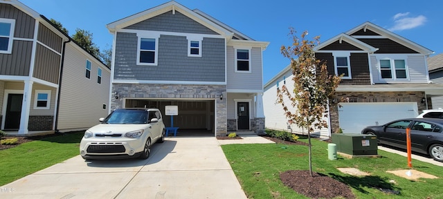 craftsman-style house with a front lawn and a garage