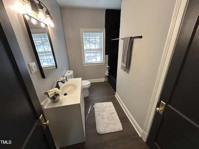 bathroom with hardwood / wood-style floors, vanity, and toilet