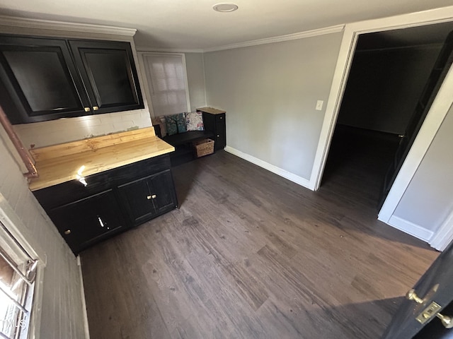 kitchen featuring crown molding and dark wood-type flooring