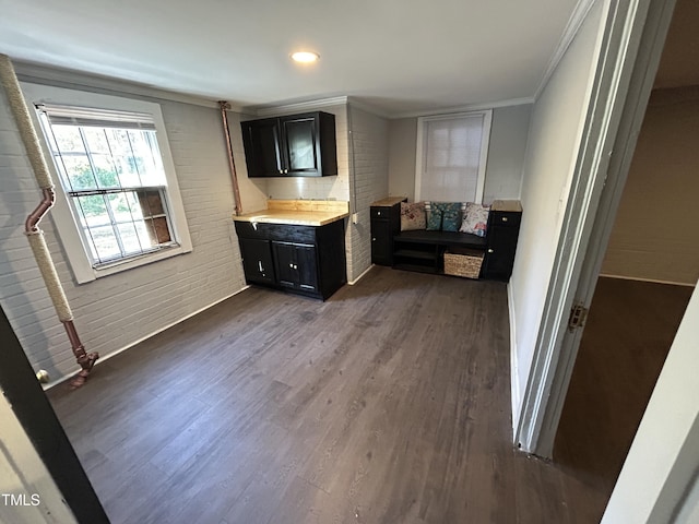 kitchen featuring crown molding, dark hardwood / wood-style flooring, and brick wall