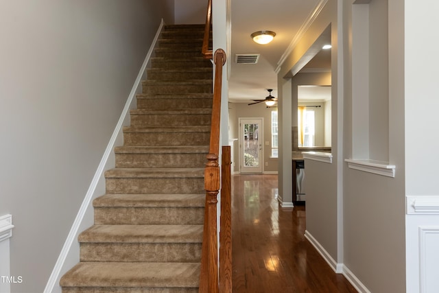 stairway featuring ceiling fan, wood-type flooring, and ornamental molding