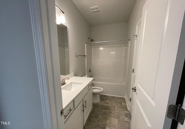 full bathroom featuring  shower combination, visible vents, vanity, and toilet