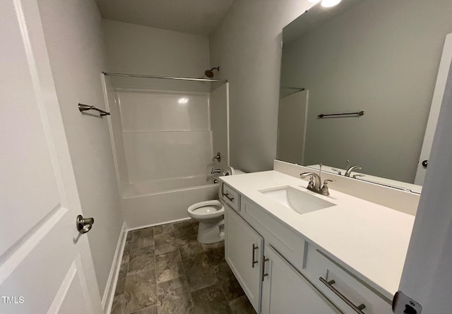 bathroom with washtub / shower combination, baseboards, vanity, and toilet