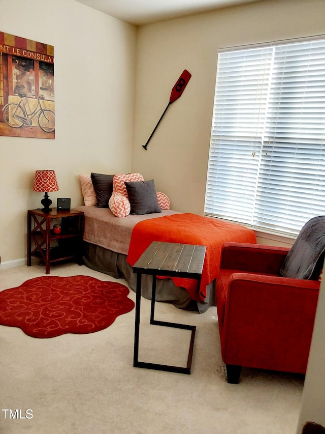 bedroom featuring light carpet