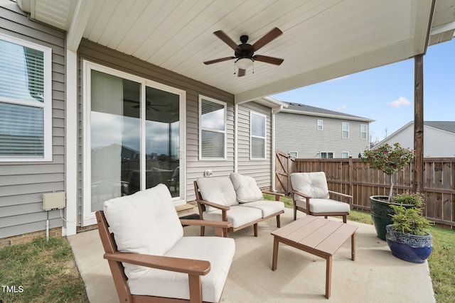 view of patio / terrace with ceiling fan and an outdoor hangout area