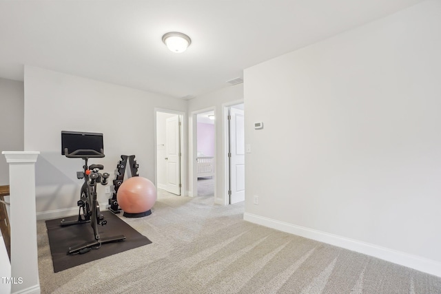 exercise area featuring light colored carpet