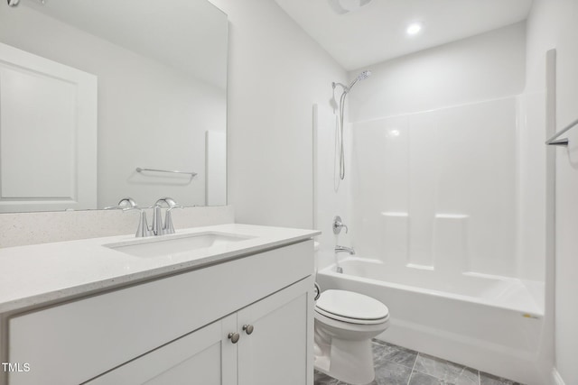 full bathroom featuring shower / bathing tub combination, vanity, toilet, and tile patterned floors