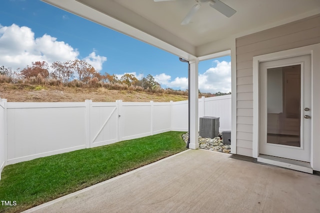 view of patio / terrace with central AC and ceiling fan