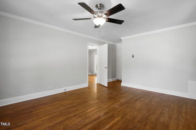 spare room featuring ceiling fan, dark hardwood / wood-style flooring, and ornamental molding