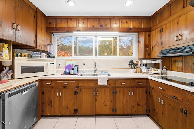 kitchen with dishwasher, sink, black electric stovetop, light tile patterned floors, and exhaust hood