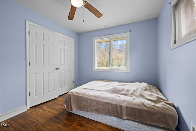 bedroom with dark hardwood / wood-style flooring, ceiling fan, and a closet