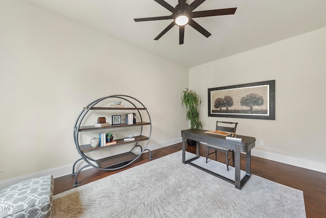 home office with dark hardwood / wood-style floors and ceiling fan