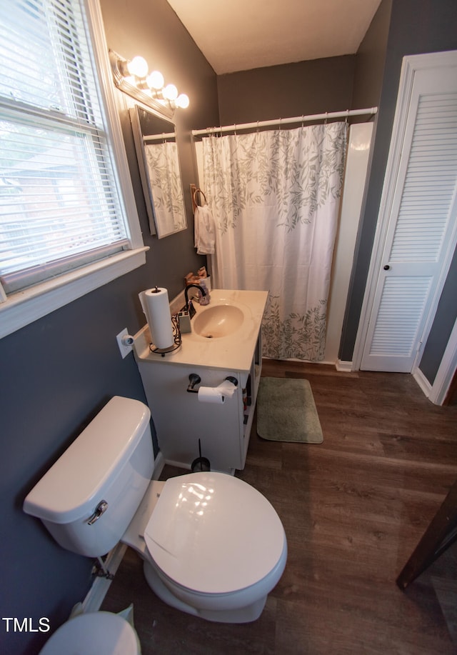 bathroom with vanity, curtained shower, toilet, and wood-type flooring