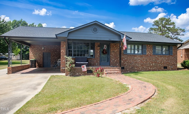 view of front of property with a carport, a porch, and a front lawn