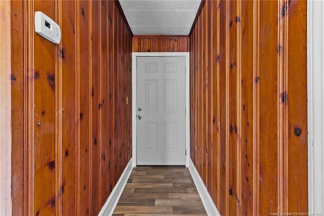 doorway to outside featuring dark hardwood / wood-style floors and wooden walls