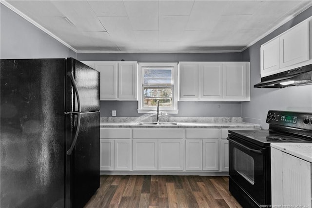 kitchen with black appliances, sink, ornamental molding, dark hardwood / wood-style floors, and white cabinetry