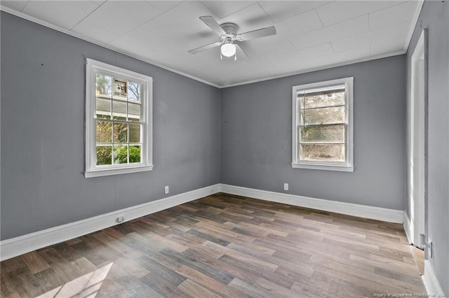 empty room with a wealth of natural light, wood-type flooring, ceiling fan, and crown molding