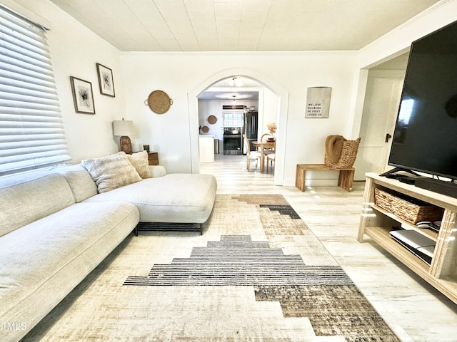 living room featuring light hardwood / wood-style flooring and crown molding