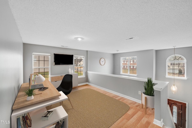 home office featuring hardwood / wood-style flooring, a textured ceiling, and a wealth of natural light