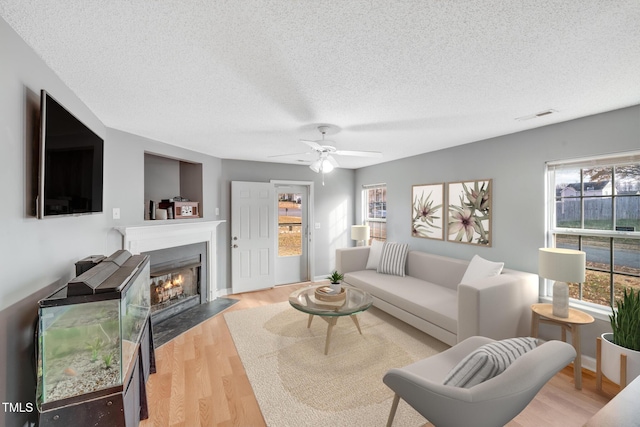 living room with ceiling fan, light wood-type flooring, and a textured ceiling