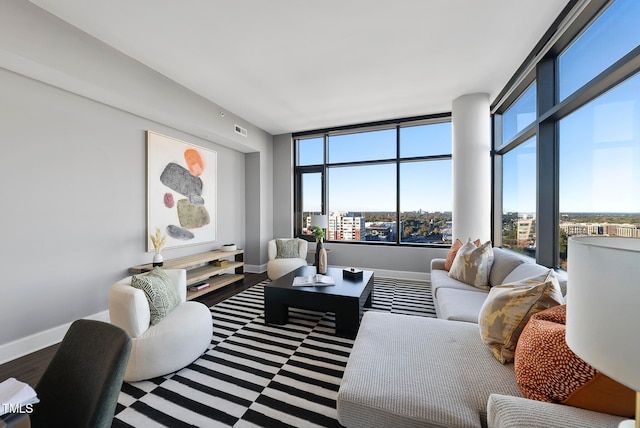 living room with floor to ceiling windows and hardwood / wood-style flooring