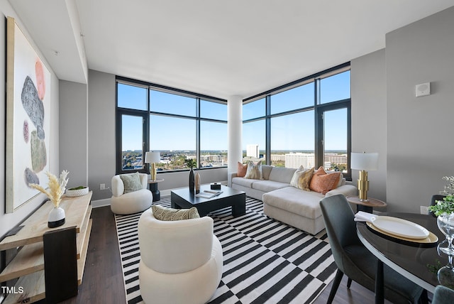 living room with dark hardwood / wood-style floors and a wall of windows