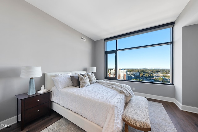 bedroom with lofted ceiling and dark wood-type flooring