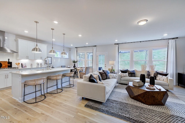 living room with sink and light hardwood / wood-style flooring