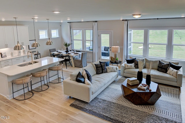 living room with light hardwood / wood-style floors and sink