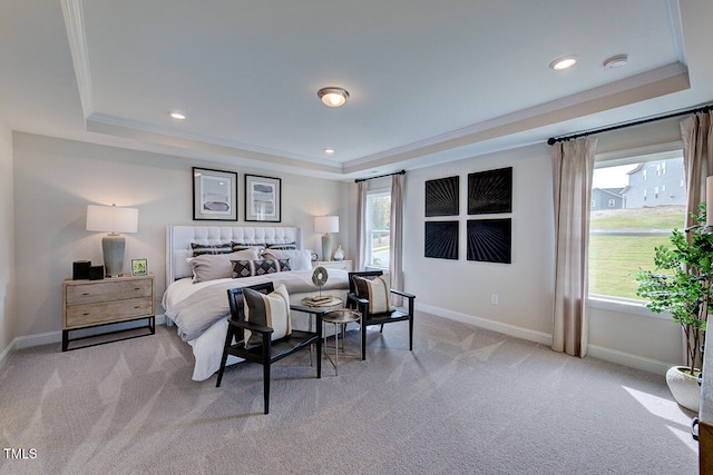 904 Delano Dr, Knightdale, NC 27545 - bedroom with a tray ceiling, light colored carpet, baseboards, ornamental molding, and recessed lighting