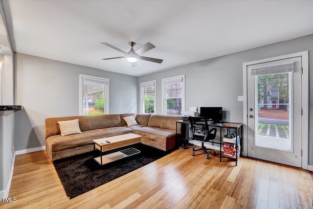 living room with ceiling fan, a healthy amount of sunlight, and light wood-type flooring