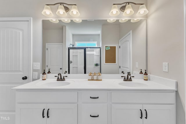 bathroom featuring vanity and walk in shower