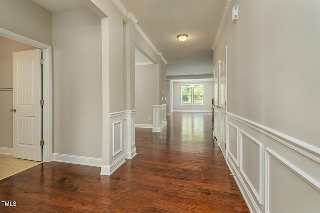 corridor featuring ornamental molding and dark wood-type flooring