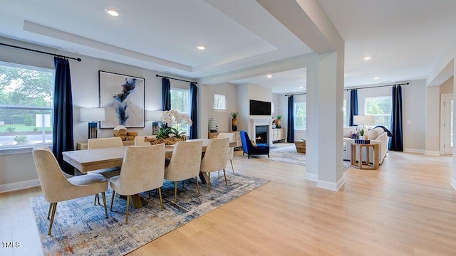 dining space featuring light hardwood / wood-style floors, plenty of natural light, and a tray ceiling